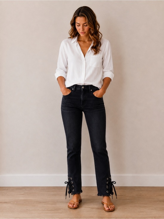 Silver Jeans Denim - Silver Jeans Black Lace-Up Hem Straight Jeans